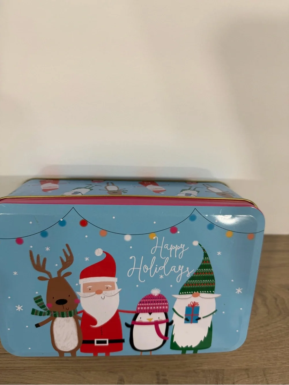 Christmas Tin Storage Box w/ Lid, Blue/Multicolor, Rectangular, Free Standing
